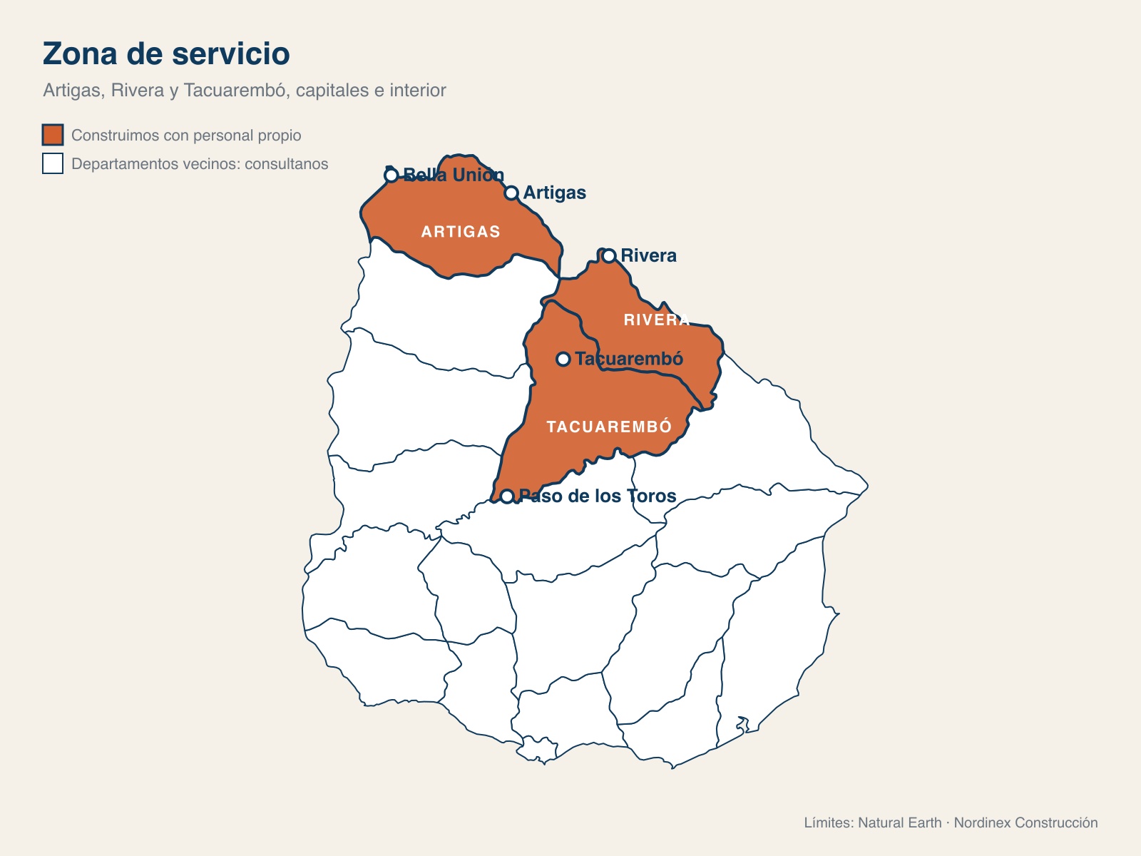 Mapa de Uruguay con Artigas, Rivera y Tacuarembó destacados como zona de servicio