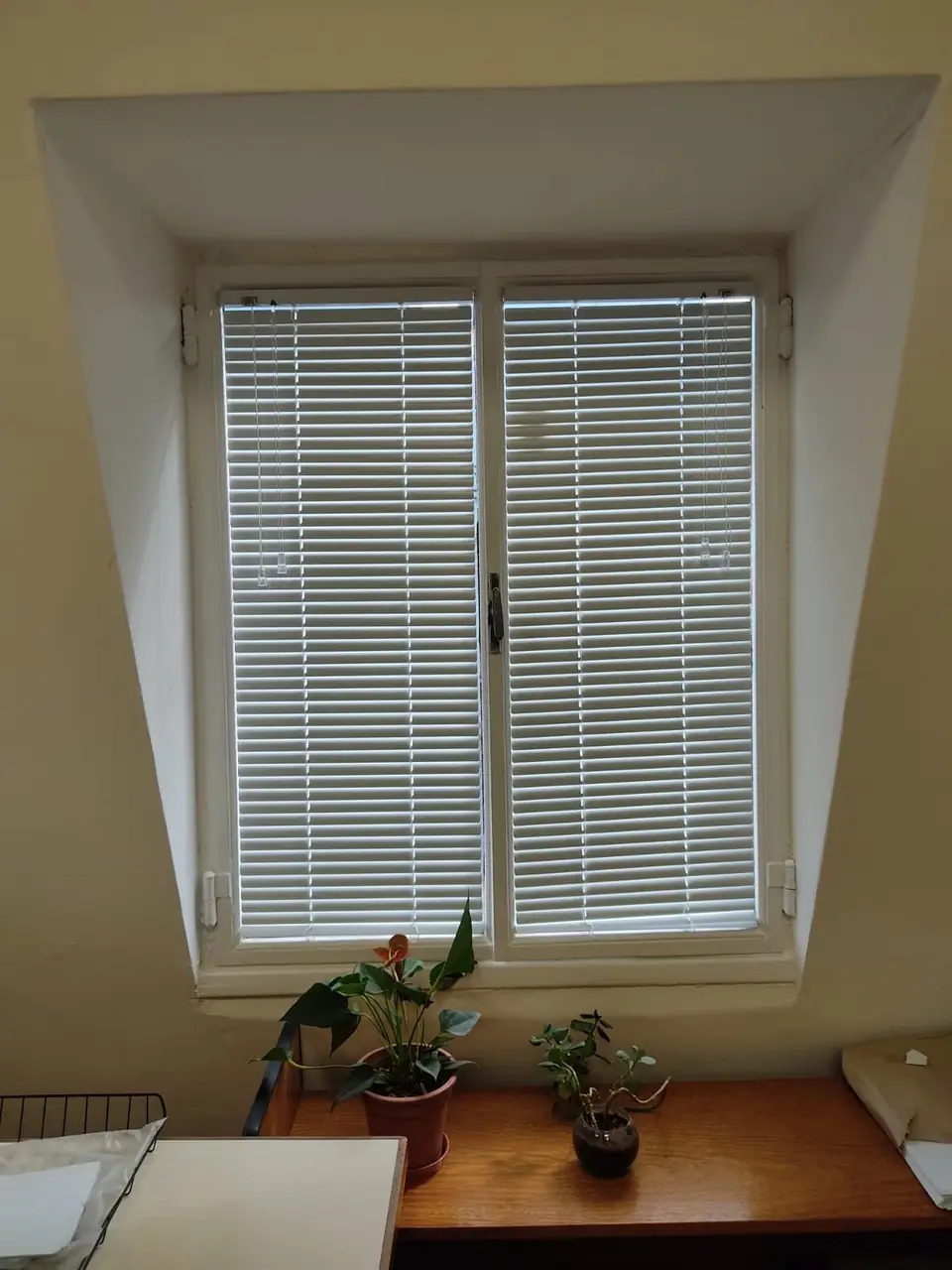 Veneciana blanca en una ventana de dos hojas